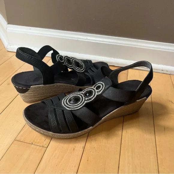 Rieker Wedge Sandals Womens Size 37 EU Shoes Black Slingback Espadrille Leather - Picture 1 of 9